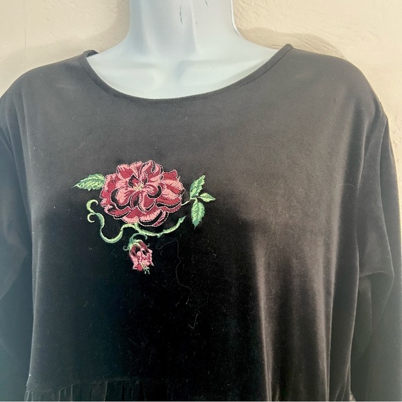 SHENANIGANS Vintage Black Velvet Embroidered Rose Long Sleeve Midi Babydoll M - Picture 4 of 10